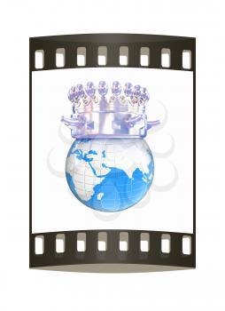 Fantastic crown on earth isolated on white background. The film strip
