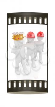3d people - man, person with a golden crown. King with person with a hard hat. The film strip