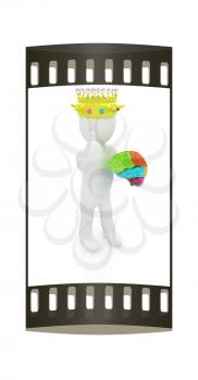 3d people - man, person with a golden crown. King with brain. The film strip
