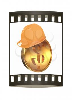 Hard hat on gold dollar coin. The film strip