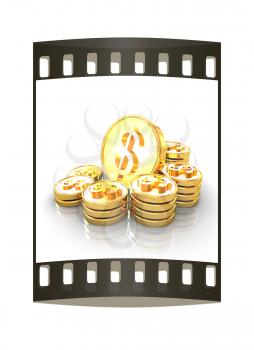 gold coin ctack on a white background. The film strip