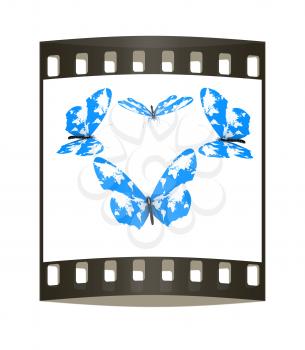 Map of Earth on butterflies isolated on white. The film strip 