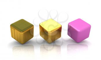 set of all metal cubes of gold, black gold, pink plastic