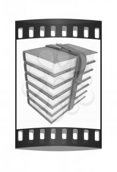 Stack of leather book with belt isolated on white background. The film strip with place for your text. The film strip