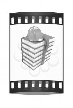 Stack of leather technical book with belt and hard hat on white background. The film strip with place for your text. The film strip