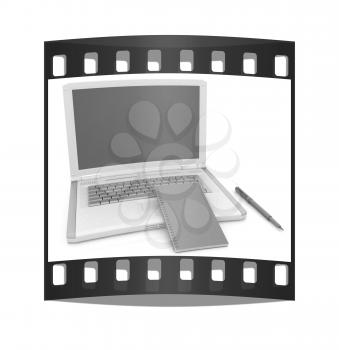 laptop and notepad on a white background. The film strip with place for your text