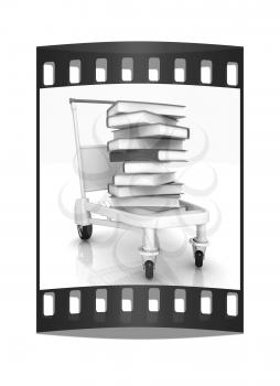 books in cart on a white background. The film strip with place for your text