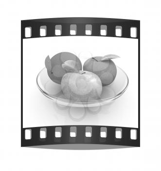 Citrus and apple on a white background. The film strip