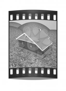 Wooden house against the background of fairytale landscape. The film strip