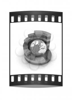 Abstract blue-green structure with earth in the center on a white background. The film strip
