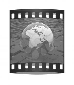 earth against abstract urban background. The film strip