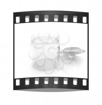 Empty glass jar with cover isolated on white background. The film strip