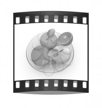 Citrus and apple on a plate on a white background. The film strip