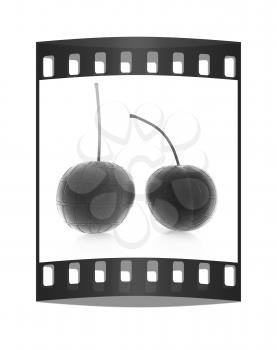 Sweet cherries on a white background. The film strip