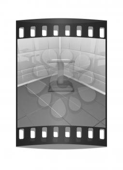 3d render of podium with an open book in the corner. The film strip