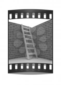 Ladder leans on brick wall on a white background. The film strip