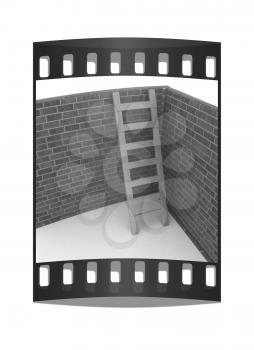 Ladder leans on brick wall on a white background. The film strip
