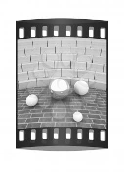 Abstract futuristic interior. Brick scene and tribune with chrome sphere and white balls. The film strip