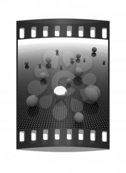 Chrome ball on light path to infinity. 3d render. The film strip