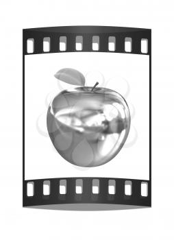 Chrome Apple with green leaf isolated on white background. The film strip