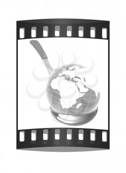 Blue earth on soup ladle on a white background. The film strip