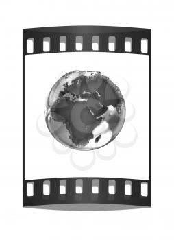 3d illustration chrome of earth globe over white background. The film strip
