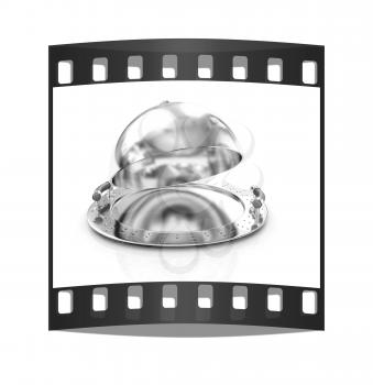 Metall glossy salver dish under cover on a white background. The film strip