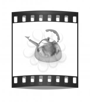 Glossy golden kettle on a white background. The film strip