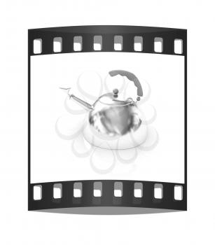 Glossy chrome kettle on a white background. The film strip