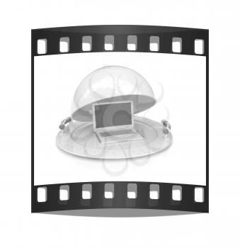 Restaurant cloche and laptop with open lid on a white background. The film strip