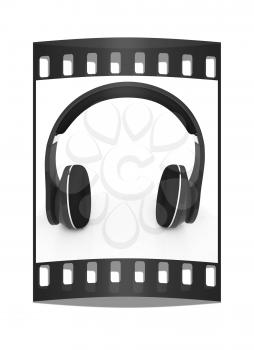 Blue headphones icon on a white background. The film strip