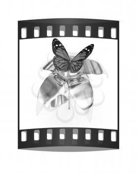 Red butterflys on a chrome flower with a gold head on a white background. The film strip