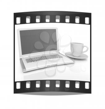 3d cup and a laptop on a white background. The film strip