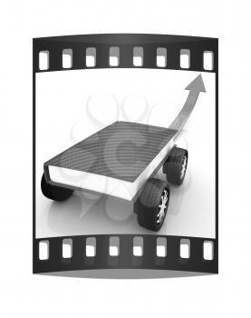 On race cars in the world of knowledge concept. The film strip