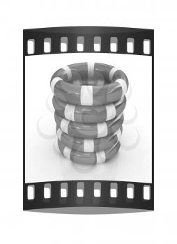 Red lifebelts on a white background. The film strip