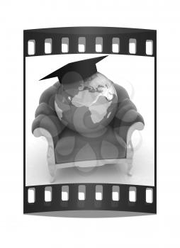 3D rendering of the Earth on a chair on a white background. The film strip