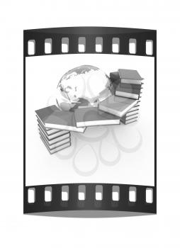 Colorful books and earth on a white background. The film strip