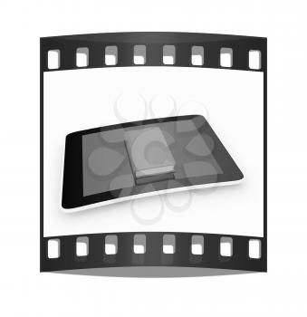 tablet pc and book on white background. The film strip
