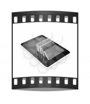 tablet pc and colorful real books on white background. The film strip
