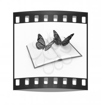 butterfly on a book on a white background. The film strip