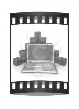 Cubic diagram structure and laptop. On a white background. The film strip