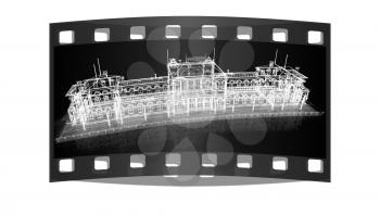 3D abstract architecture on a black background. The film strip