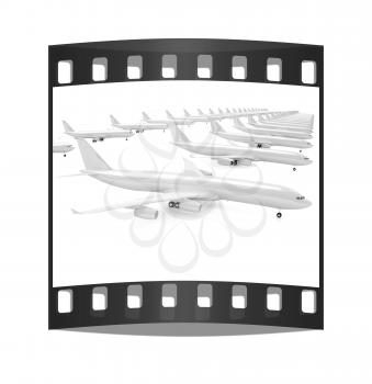 White airplanes on a white background. The film strip