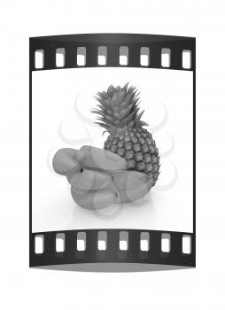 pineapple and bananas on a white background. The film strip