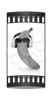 banana with sun glass and headphones front face on a white background. The film strip