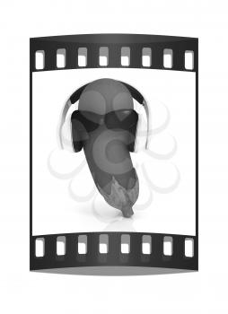eggplant  with sun glass and headphones front face on a white background. The film strip