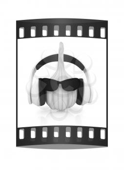 Head of garlic with sun glass and headphones front face on a white background. The film strip
