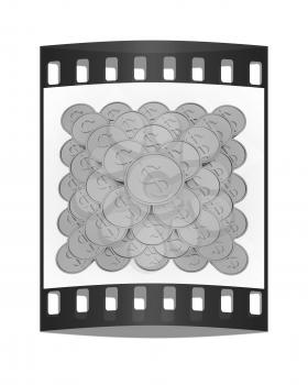Gold dollar coins on a white background. The film strip