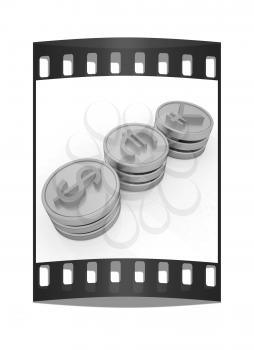gold coins with 3 major currencies on a white background. The film strip