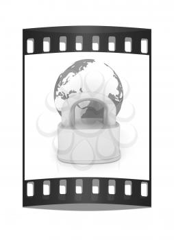 globe and padlock on a white background. The film strip